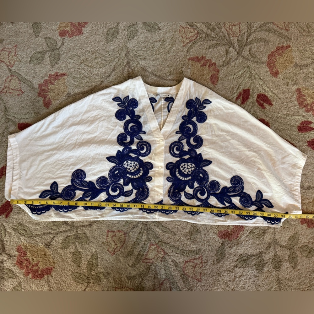 Zara Contrast Embroidered Batwing Mediterranean Small Cotton Button Up Blue - Picture 4 of 9